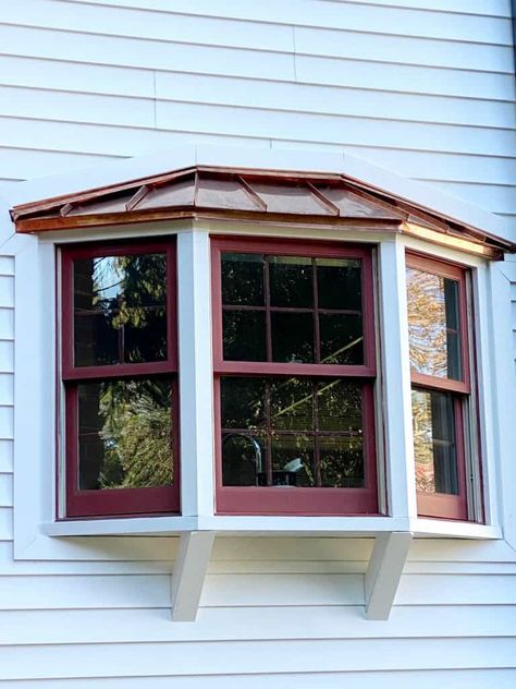 Colonial Bay Window Exterior, Copper Bay Window, Farmhouse Bay Window, Victorian Bay Window Exterior, Colonial House Bay Window Exterior, Copper Roof Over Bay Window, Metal Awning Over Bow Window, European Farmhouse Exterior, Roof Pictures