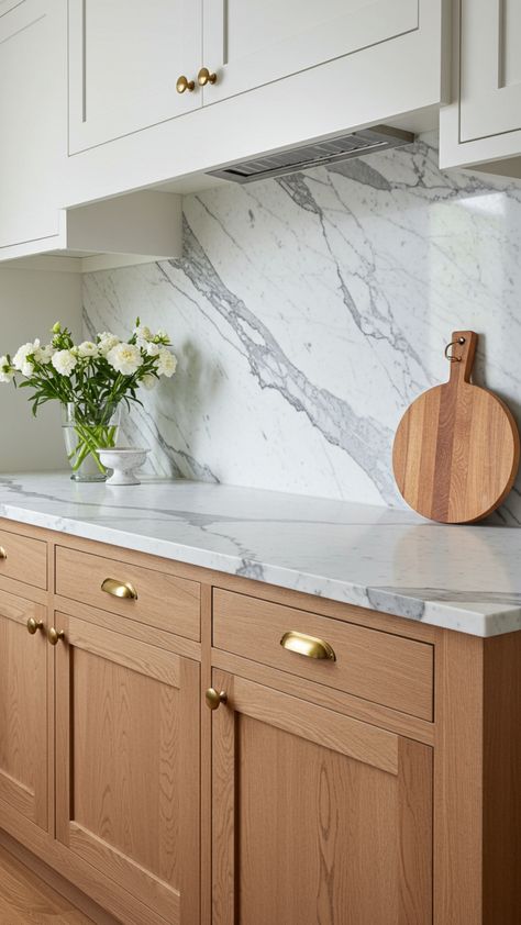 White Oak & Marble Farmhouse Kitchen Marble Farmhouse Kitchen, Marble Slab Backsplash, Dramatic Marble, Slab Backsplash, White Oak Cabinets, House Kitchen Design, House Design Kitchen, Marble Slab, Oak Cabinets