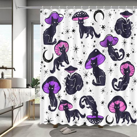 PRICES MAY VARY. 【Suitable Size】W72”× L72”/ 180cm x 180cm. The funny cat mushroom shower curtain fits most bath shower stalls or bathrooms,This size shower curtain can do well of dry and wet separation. 【Package】Include 1 funny cat mushroom shower curtain, free 12 Strong plastic Hooks & Easy to Install, An excellent choice for bath and shower stalls in your bathroom, home, apartment, sports club, gym and anywhere else you need a reliable shower curtain, and perfect for your camp trailer. 【High-Q 70s 80s Aesthetic, Cat Mushroom, Aesthetic Kids, Waterproof Bathroom, 80s Aesthetic, Art Fabric, Kids Art, Funny Cat, Black Cat