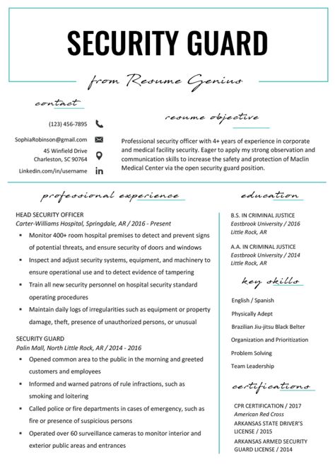 Security Guard Resume Sample & Writing Tips | Resume Genius Security Resume, Armed Security Guard, Resume Summary Examples, Job Resume Samples, Job Description Template, Cv Template Word, Good Resume Examples, Resume Help, Resume Objective