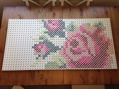 My Giant yarn cross stitch rose on peg board Giant Cross Stitch, Craft Room Pegboard, Room Pegboard, Giant Yarn, Wal Art, Diy Cross Stitch, Cross Stitch Rose, Peg Board, Stitching Art