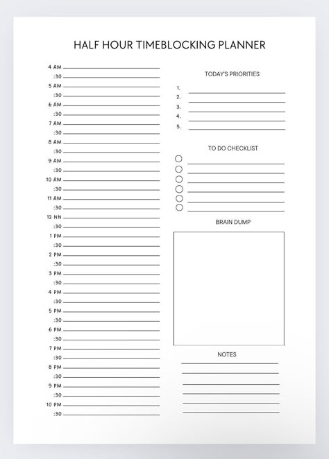 Half Hour Schedule Printable Free, Time Blocking Schedule Template, Time Planner Template, Timeblocking Schedule, Hourly Schedule Printable, Daily Routine Schedule Template, Productive Schedule, Hourly Planner Template, Day Schedule Template