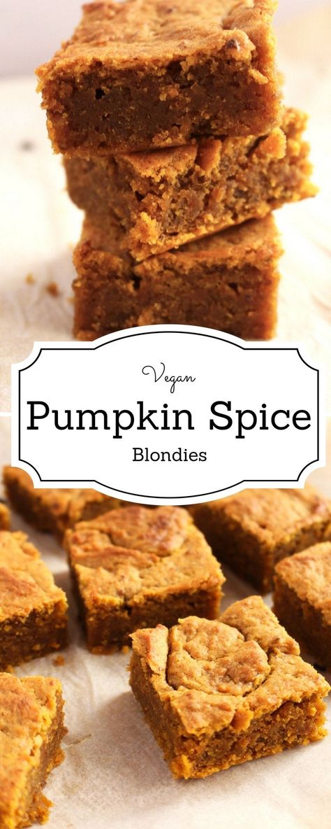 Get your bake on with this easy vegan pumpkin spice blondies recipe. It taste like fall in a bite! Healthy Vegan Dessert, Weight Watcher Desserts, Cheesecake Vegan, Vegan Pumpkin Spice, Vegan Pumpkin Recipes, Blondies Recipe, Desserts Vegan, Cake Vegan, Dessert Party