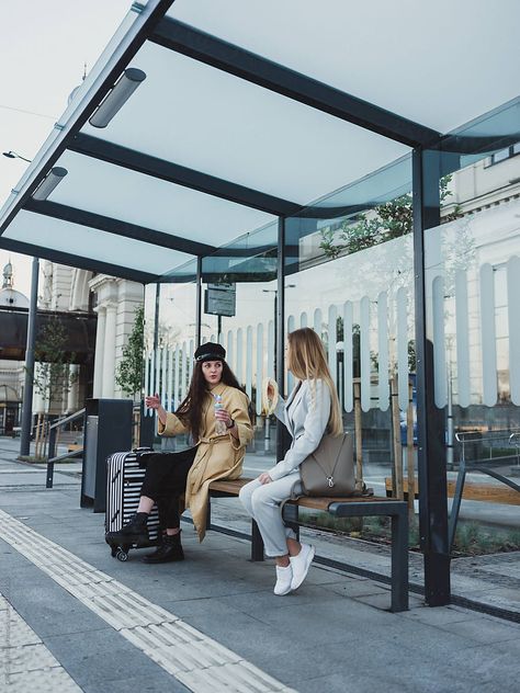 Waiting Shed Aesthetic, Bus Stop Bench, Creative Bus Stop Design, Person Waiting At Bus Stop, People On Public Transport, Futuristic Bus Stop, People In Public, Bus Stop Design, Bus Shelters