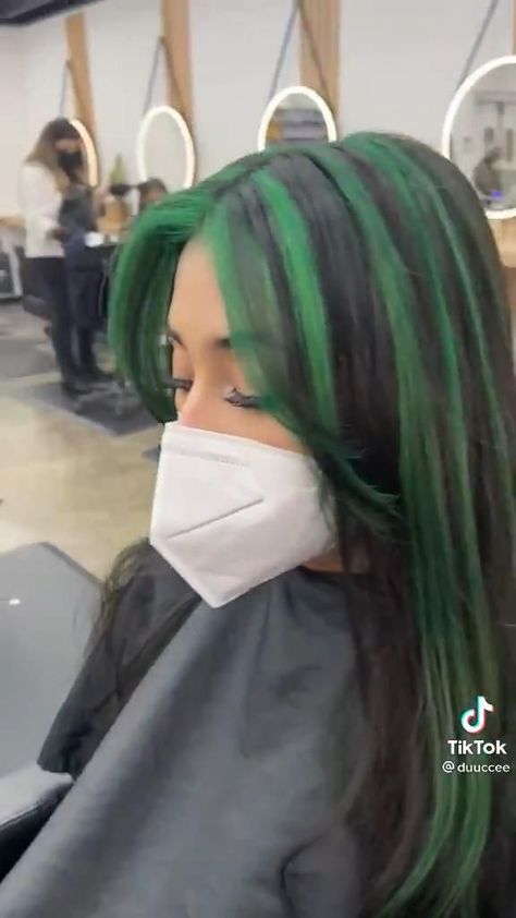 Hair Dyeing Styles, Long Hair Color Ideas Unique, Bottom Dyed Hair, Underdye Hair Black, Color Under The Hair, Under Dyed Hair Green, Hair Color Streaks For Brunettes, Striped Dyed Hair, Hair Color Ideas For Summer 2023