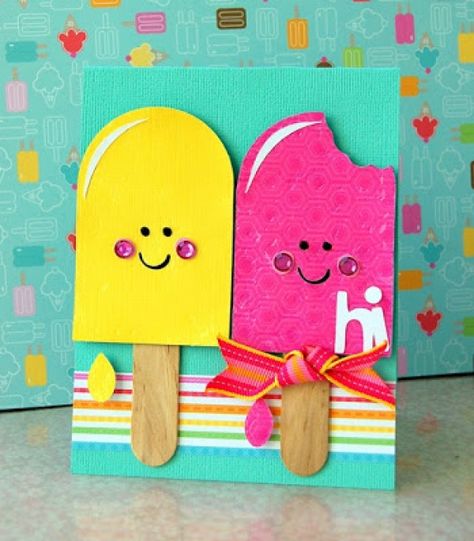 Popsicle Card Ideas, Summer Greeting Cards, Summer Cards For Kids, Ice Cream Card, Ice Cream Popsicle, Cricut Cartridges, Summer Cards, Cricut Cards, Popsicle Stick