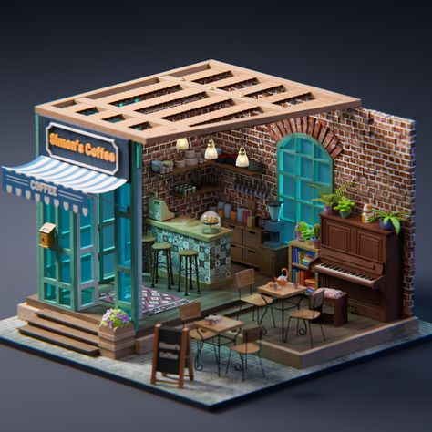 Cafe Model Architecture, Cafe Equipment, Korean Coffee Shop, Low Poly Games, 3d Architecture, Isometric Art, Sims House Design, Low Poly Art, Miniature House