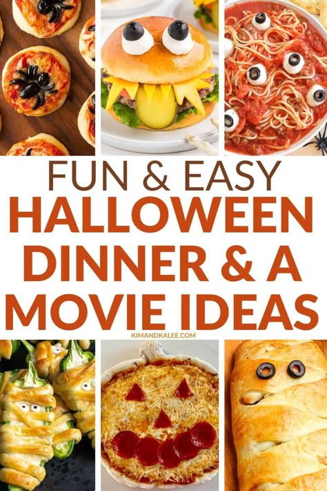 Kid Friendly Halloween Dinner Ideas, Halloween Dinner Ideas Families, Halloween Night Dinner, Dinner And Movie Ideas, Easy Halloween Dinner Ideas, Halloween Movie Night Snacks, Fun Dinners For Kids, Halloween Movie Night Party, Halloween Food For Adults