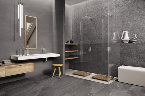 Commercial Bathroom Designs, Bathroom Niche, Bathroom Partitions, Bad Inspiration, Bathroom Tile Designs, Wall And Floor Tiles, Modern Bathroom Design, Stone Tiles, Shower Wall