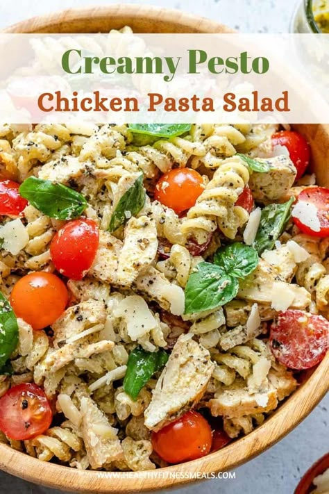 Easy and packed with flavor, this Creamy Pesto pasta salad is loaded with chicken for a wholesome lunch or dinner option. Get dinner on the table in just 30 minutes that the entire family will love.  #pastasalad #pestopasta #pestosalad #chickenpestosalad #chickensalad via @healthyfitnessmeals Creamy Pesto Pasta Salad, Creamy Chicken Pesto Pasta, Chicken Pesto Pasta Salad, Chicken Pesto Pasta, Creamy Pesto Chicken Pasta, Health Lunch, Creamy Pesto Pasta, Cold Pasta Salad Recipes, Chicken Pesto