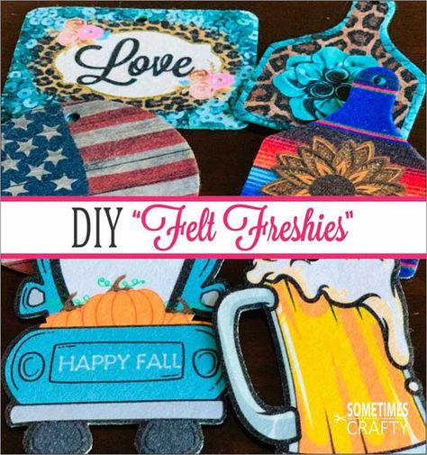 How to Make Car Air Fresheners with Felt Blanks - Sometimes Crafty Candy Corn Pumpkin, Handmade Air Freshener, Felt Car, Car Air Freshener Diy, Halloween Love, Diy Air Freshener, Christmas Tree Truck, Car Freshies, Plaid Christmas Tree