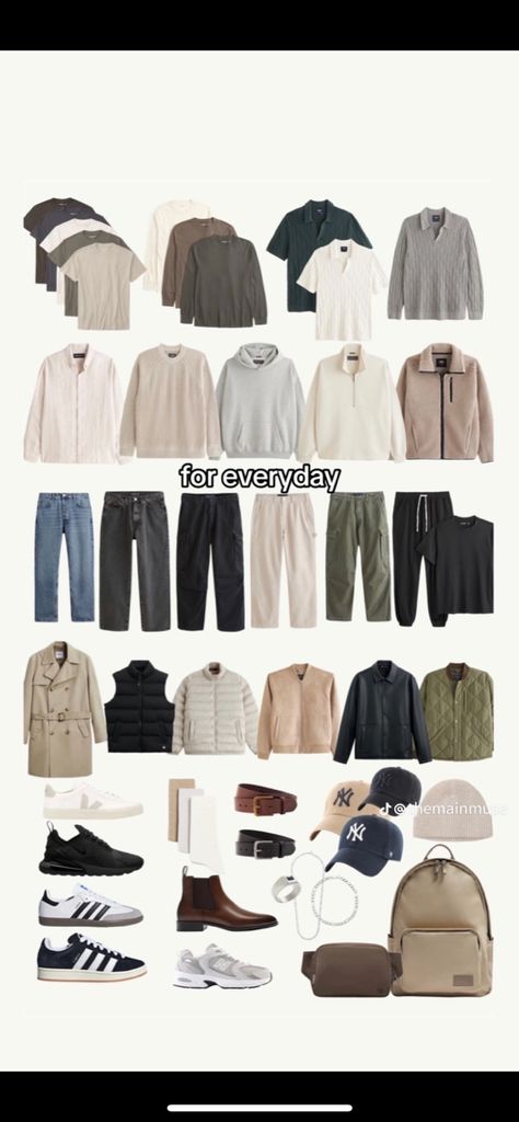 Essentials For Mens Wardrobe, Versatile Outfits Capsule Wardrobe, Wardrobe Staples For Men, Travel Capsule Wardrobe Men, Mens Vintage Aesthetic, Men's Capsule Wardrobe Checklist, Basic Wardrobe Essentials Men, Men’s Wardrobe Arrangement, Mens Closet Essentials