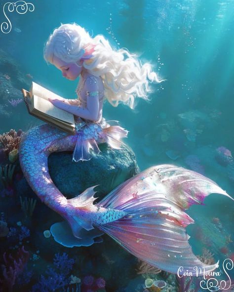 Day 12 - Mermaid reading a book, Hosted By @gabriela_dreamsinpastel 🌸 #mesmermay #asthetic #naturemagic #sea #magicinature #dewdrops #naturelovers  #followthejourney #lovejourney #infinitelove #midjourney #midjourneyart #aiartcommunity #adorable #babyanimals #collab #underwater #fantasy #happy #coiamoura #mermaid Mermaid Reading A Book, Mermaid Reading, Alaska Cabin, Siren Mermaid, Mermaid Lagoon, Illustration Kids, Water Nymphs, Mermaid Pictures, Fairytale Fantasy