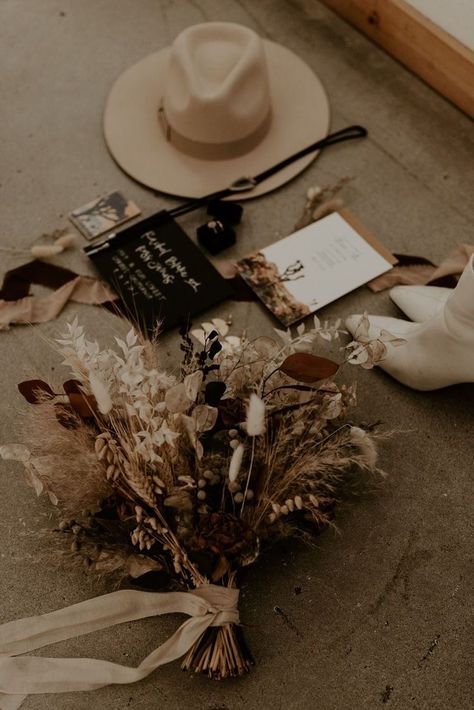 Burnt Orange Wedding Suit, Orange Wedding Suit, Dreamers And Lovers, Dried Floral Bouquet, Bell Sleeve Wedding Dress, Desert Elopement, Joshua Tree, Wedding Details, Flat Lay