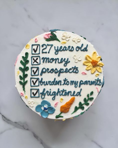 When you’re 27 years old, you have no money, [some] prospects, you’re a burden to your parents, and you’re frightened. 🥳🌸🌿 • • Order highly relatable Pride & Prejudice cakes on our website 🔗 in bio! • • #prideandprejudicecake #27thbirthdaycake #prideandprejudice #buttercreamcakes #buttercreamcake #buttercream #buttercreamart #customcake #cakedecorating #cakestagram #cakedesign #instacake #cakeideas #vermontbakery #vermontbaker #homebaker #homebakery #bakergram #vermont #madeinvermont #madeinv... 27 Years Old Pride And Prejudice, 27 Cake Ideas, Pride And Prejudice 27 Years Old Cake, I’m 27 Years Old Pride And Prejudice Cake, 27 Years Old Birthday Cake, Pride And Prejudice Cake 27, Pride And Prejudice Birthday Party, Pride And Prejudice Cake, Church Cake Ideas