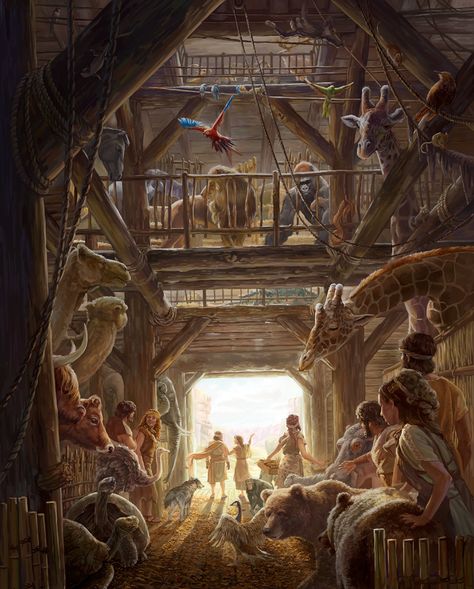 Noah, his family, and the animals go out of the ark Bible Artwork, Bible Images, Bible Illustrations, Noah S Ark, Bible Characters, Bible History, Bible Pictures, Prophetic Art, The Ark