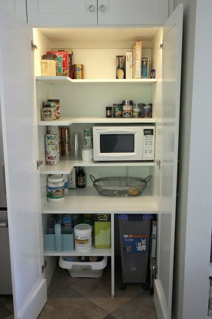 Microwave In Pantry, Small Pantry Closet, Pantry Redo, Small Kitchen Pantry, Open Pantry, Small Pantry Organization, Kitchen Pantry Ideas, Pantry Remodel, Pantry Makeover