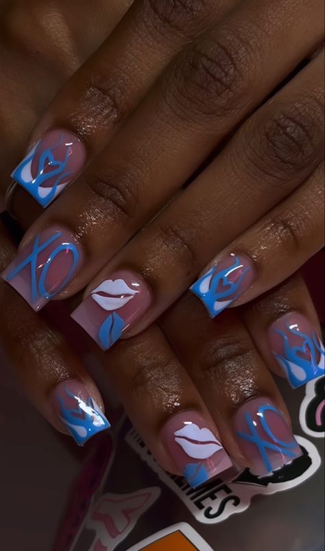 Blue Acrylic Nails Short Square, Blue Short Acrylic Nails, Simple Nails Design, Acrylic Nails Almond Shape, Acrylic Nail Set, Long Acrylic Nail Designs, Hard Nails, Blue Acrylic Nails, Fancy Nails Designs