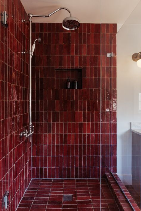 Upstate Down - The Well House Dark Red Tile Bathroom, Red Tiled Bathroom, Maroon Tile Bathroom, Oxblood Bathroom, Red Tiles Bathroom, Dark Red Bathroom, Stand Up Shower Ideas, Burgundy Tile, Red Tile Bathroom