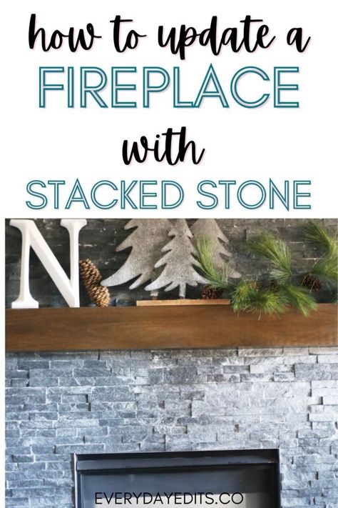 HOW TO UPDATE A FIREPLACE WITH STACKED STONE Airstone Fireplace Makeover, Stone Above Fireplace, Paint Stacked Stone Fireplace, Split Face Stone Fireplace, Stack Stone Fireplace With Mantel, Painted Stacked Stone Fireplace, Ledger Stone Fireplace With Mantel, Limewashed Stacked Stone Fireplace, Stacked Stone Fireplace Makeover