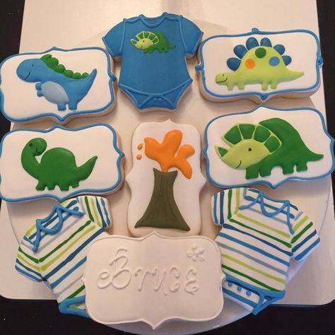 Dinosaur Baby Shower Cookies, Dinosaur Baby Shower Theme, Cookie Decorating Kits, Dinosaur Cookies, Shower Cookies, Summer Cookies, Baby Dino, Dinosaur Baby Shower, Baby Cookies