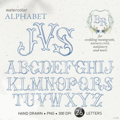 Vintage Monogram Alphabet, Needlepoint Monogram, Watercolor Letters, Free Monogram Fonts, Watercolor Alphabet, Blue Diy, Vintage Alphabet, Script Alphabet, Watercolor Monogram