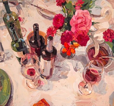 Still Life Drink Photography, Around The Table Art, Table Setting Painting, Table Scape Painting, Painting Of Table, Aesthetic Art Ideas Painting, Table Cloth Painting, Wine Art Drawing, Dinner Party Painting