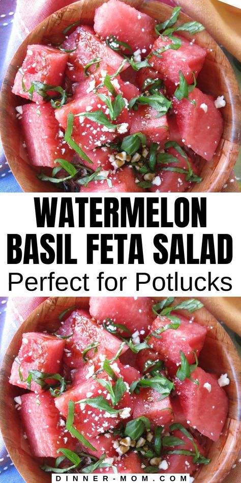 Watermelon Basil Feta Salad with basil, feta cheese and balsamic syrup is the ultimate summer side dish. This Caprese salad is perfect for potlucks with plenty of ways to maximize the presentation appeal, including serving it out of mason jars. Tomato Basil Balsamic, Tomato Feta Salad Balsamic, Tomato Basil Appetizer Balsamic Vinegar, Watermelon Caprese, Watermelon Salad With Feta Cheese, Watermelon Caprese Salad, Watermelon Feta Salad Balsamic, Watermelon Feta Basil Salad, Watermelon Basil Salad