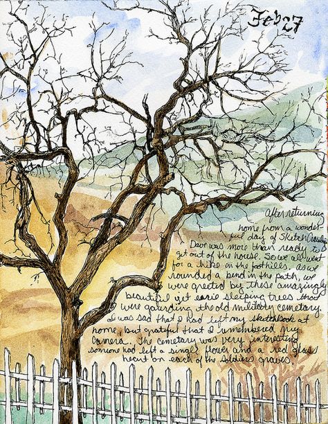 I love the combination of image and words. They come together so well and enrich our experiences as we remember and/or explore.   Thank you for sharing this piece! Christine Peloquin, Winter Tree, Watercolor Journal, Visual Journal, Sketchbook Journaling, Winter Trees, Nature Journal, Art Journal Pages, Art Journal Inspiration