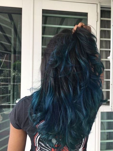 Dark Roots Blue Hair, Blue Color Melt Hair, Blue Ends Hair Brown, Blue Balayage Hair Brunettes, Blue Bayalage Hair, Under Hair Dye Blue, Blue Halo Hair, Dark Blue Ombre Hair, Blue Tips Hair