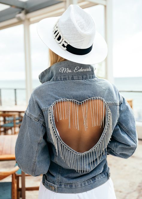 Bridal Denim Jacket, Wedding Roles, Party Jackets, Wedding Bachelorette Party, Pearl Bride, Bride Hat, Wedding Jacket, Ribbed Mini Dress, Custom Jacket