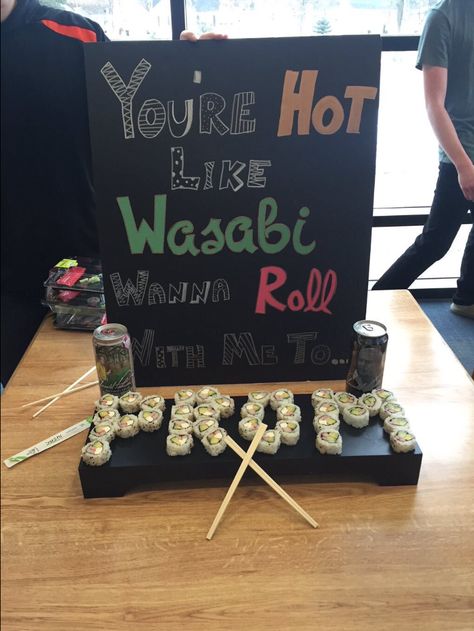 Wasabi? or Sushi - Prom Pictures Group, School Dance Ideas, Promposal Ideas, Prom Posters, Cute Homecoming Proposals, Cute Prom Proposals, Asking To Prom, Dance Proposal, Sadie Hawkins