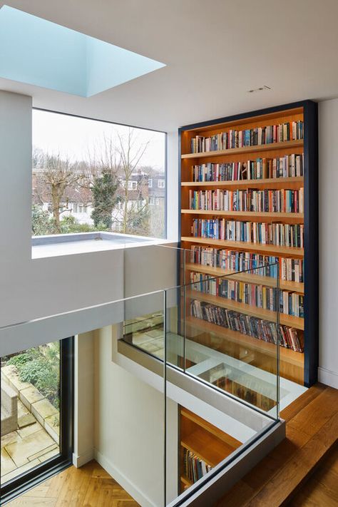 Double Bookshelf Styling, Loft Library Ideas, Mezanine Floor, Staircase Bookshelf, Library Stairs, Artist Residence, Double Volume, Hallway Shelf, Muswell Hill