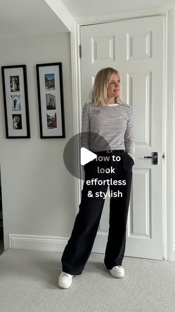 Claire Lopez on Instagram: "How to look effortless …

Is all about mixing smart and casual elements within your outfit.

But as with so much of styling, it’s about ensuring that you have balance so mix these equally ie 2 smart pieces with 2 casual ones. 

For example:

✔️ Jeans and tee (casual) with blazer and flats/loafers

✔️ Jeans and trainers (casual) with Bouclé jacket and smart bag 

✔️ Tailored trousers and blazer/wool coat (smart) with sweatshirt/knit and trainers 

✔️ Slip skirt and blazer (smart) with tee and trainers 

Scarf and quilted bags all @ameliaroseaccessories 
Belt @lovepinkroseuk 

Black trousers old @hm 
Stripe top old @majeparis 
Wool coat current @sosandar linked in Feb highlight
Trainers old @mintvelvet 

Ankle length trs old @aritzia see Feb highlight for alternat Trousers And Flats Outfit, Black Trouser White Sneaker, Classy Sweatshirt Outfit, Outfit Schwarzer Blazer, Blazer And Sweatshirt Outfit, Reitmans Outfits, Casual With Blazer, Business Casual Outfits With Flats, How To Style Wide Leg Trousers