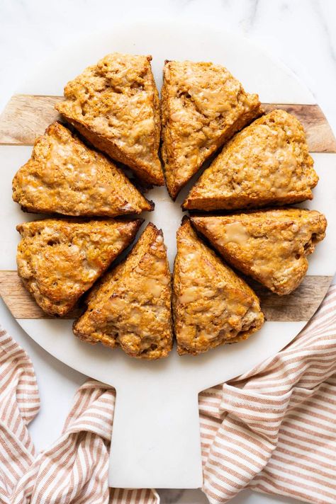 Pumpkin Cottage Cheese Scones Greek Yogurt Scones, Pumpkin Cottage Cheese, Yogurt Scones, Zucchini Cheddar, Pumpkin Cottage, Homemade Scones, Cheese Scones, Pumpkin Scones, Maple Glaze