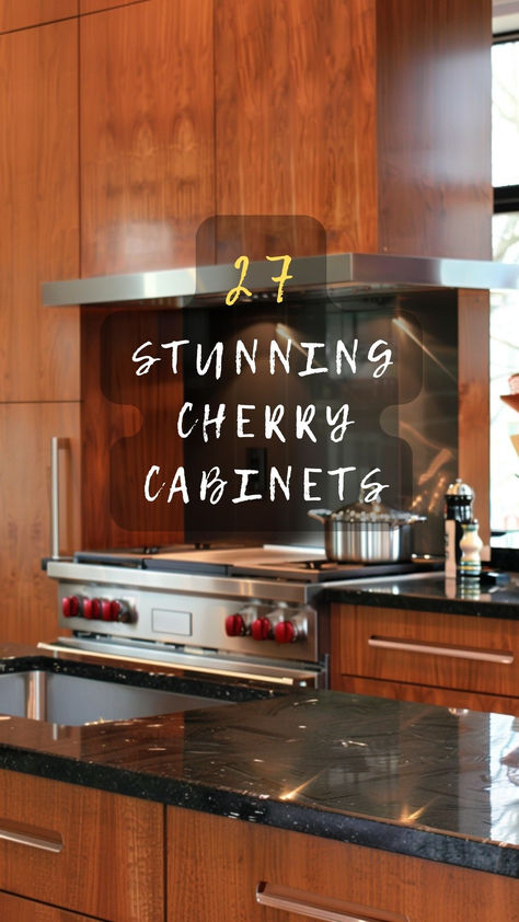 Ready to fall in love with your kitchen again? Click for 27 cherry kitchen cabinet styles that add richness and charm. Rekindle your kitchen romance today! 🍒❤️🏠 #CherryKitchen #RichAndCharming #KitchenRomance #CabinetStyles #KitchenLove Mid Century Modern Kitchen Cherry Cabinets, Cherry Cabinets With Black Countertops, Cherry Cabinets Kitchen Modern, Kitchen Backsplash With Cherry Wood Cabinets, Floors That Go With Cherry Cabinets, Cherry Wood Kitchen Cabinets Modern, Cherry Cabinets With Black Hardware, Cherry Cupboards Kitchen, Cherry Cabinets With Gold Hardware