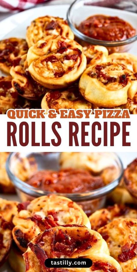 Bring these easy-to-make pizza rolls to your next get-together and they’ll be the most popular appetizer on the table. You can add your favorite toppings over store-bought pizza dough, and make a different version every time! Pizza Roll Ups Tortilla, Pizza Rolls With Pizza Dough, Dance Snacks, Easy Pizza Rolls, Pizza Variations, Pizza Rolls Recipe, Homemade Pizza Rolls, Pizza Roll Recipe, Pizza Roll Up