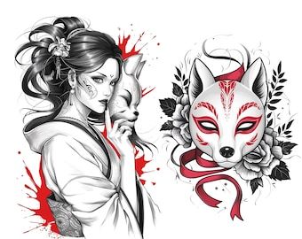 Japanese Fox Mask Tattoo, Fox Mask Tattoo, Kitsune Tattoo Design, Japanese Fox Spirit, Kitsune Mask Tattoo, Kitsune Fox Spirit, Japanese Tatto, Kitsune Tattoo, Tatto Sleeve