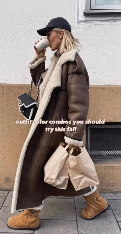 Long Brown Coat Outfit, Shearling Coat Outfit, Shearling Jacket Outfit, Simple Winter Fashion, Brown Jacket Outfit, Brown Coat Outfit, Long Brown Coat, Stylish Winter Coats, Long Winter Jacket