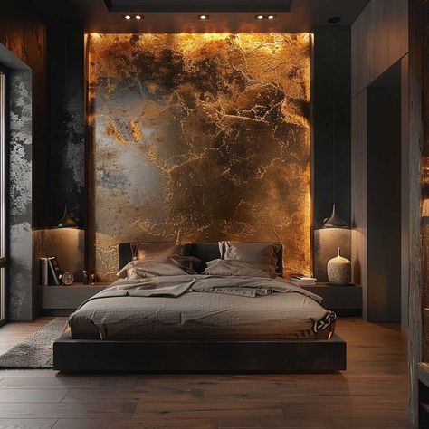 10+ Ideas for Painting Bedroom Walls for a Chic Industrial Look • 333+ Art Images Gold Interior Design Bedroom, Black Copper Bedroom, Industrial Wall Design Ideas, Industrial Luxury Bedroom, Bed Backboard Ideas, Modern Luxury Master Bedrooms Decor, Gold House Interior, Restoration Hardware Bedroom Inspiration, Black And Gold Bedroom Aesthetic