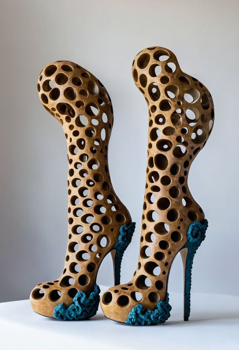 Sculptural Chic: Perforated Wooden High Heels Textured Gown, Feather Crown, Sculptural Fashion, Wooden Heels, Future Of Fashion, Teal Accents, Floral Heels, Avant Garde Fashion, Wooden Heel