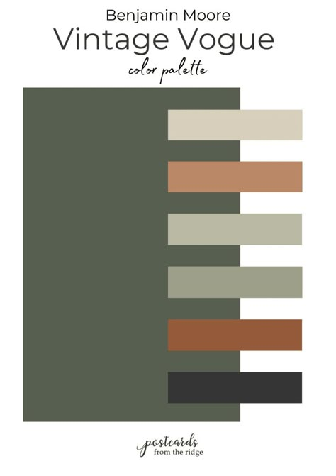 Benjamin Moore Vintage Vogue 462 Ultimate Review & Color Palette - Postcards from the Ridge Best Vintage Paint Colors, Dark Green House Color Palette, 1920s Interior Paint Colors, Benjamin Moore Vintage Vogue Bedrooms, Sherwin Williams Vintage Vogue, Dark Academia Benjamin Moore, Vintage Vogue Paint Benjamin Moore, Vogue Color Palette, Benjamin Moore Barista