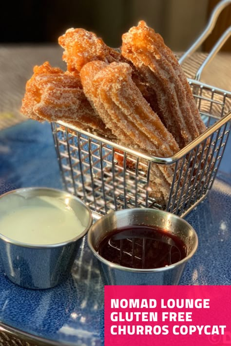 Disney Nomad Lounge’s Gluten-Free Churros w/ strawberry + vanilla sauces are obsession-worthy, and our copycat recipe is sure to impress all the animals in your kingdom! Thanks to Cooking Classy whose churros recipe is incredible w/ or w/o gluten (sub cup4cup flour)! Thanks to Gluten Free and Dairy Free at WDW #churros #gf #glutenfree #glutenfreerecipes #disneycopycatrecipes #ateco #disneylife #disneyfood #disneyworld #disney #cookingclassy #cup4cup Gluten Free Churros Recipe, Gluten Free Churros, Churros Recipe, Waffle Toppings, Gf Desserts, Cooking Classy, Free Snacks, Gluten Free Snacks, Copycat Recipe