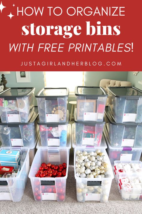 Time to organize storage bins full of Christmas and holiday decorations so they're neat and tidy when you pull them out next year! Grab the free printables in the post to help get organized! | #organizedbins #organizedchristmas Bin Organization Ideas, Storage Room Organization Ideas, Holiday Organization Storage, Organization Storage Bins, Organizing Garage, Organizing Craft Supplies, Basement Update, Cool Apartment, Christmas Decoration Storage