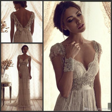 Wholesale 2014 - Buy 2014 Vintage Sheer Wedding Dresses Backless Lace Beach Wedding Dresses Empire Covered Buttons A Line Wedding Dresses With Short Sleeves Long, $132.17 | DHgate 1920s Inspired Wedding Dress, Wedding Dress 1920s, Vintage Wedding Dress 1920s, 1920s Inspired Wedding, Wedding Dress Tea Length, White Ivory Wedding, Inspired Wedding Dress, Ivory Lace Wedding Dress, Anna Campbell