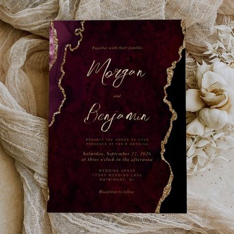 $2.65 | Modern Burgundy Red Agate Script Wedding - elegant, trendy, watercolor agate geode, gold faux glitter, modern handwriting script, chic, burgundy red, fall winter wedding, autumn color theme Champagne Gold Wedding, Gold And Burgundy Wedding, Modern Handwriting, Paper Nest, Fall Winter Wedding, Popular Wedding Invitations, Trendy Watercolor, Geode Wedding, Wedding Autumn