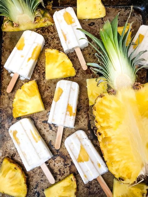 Pina Colada Popsicles are easy and healthy homemade popsicles made with coconut milk and pineapple. Add rum if desired for an alcohol popsicle poptail. Gluten free and vegan. #homemadepopsicles #pinacolada #coconutpopsicles Pina Colada Frozen, Pina Colada Popsicles, Milk Popsicles, Healthy Popsicle Recipes, Coconut Popsicles, Luau Food, Healthy Popsicles, Pineapple Desserts, Fruit Popsicles