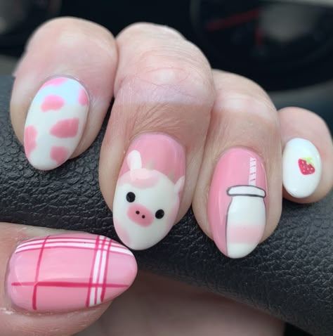 Cute Cow Nails, Strawberry Cow Nails, Pink Cow Nails, Cute Pink Nail Designs, Nails Reference, Pig Nails, Match Nails, Rave Nails, Animal Nail Designs