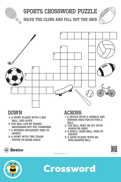 Advanced sports-themed crossword puzzle for kids ages 8 and up Sports Crossword, Sports Printables, Sports Quiz, Elementary Pe, Crafts And Activities For Kids, Camp Crafts, Puzzle For Kids, Crossword Puzzles, English Activities