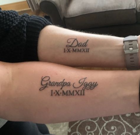 Mom Dedication Tattoos For Men, Grandpa Signature Tattoo, Wife And Son Tattoo For Men, Tattoos Dedicated To Mom For Men, Tattoos For Your Grandpa, Lost One Tattoos Grandparents, Small Remembrance Tattoos Grandpa, Grandma Tattoo For Men, Tattoo For Grandpa